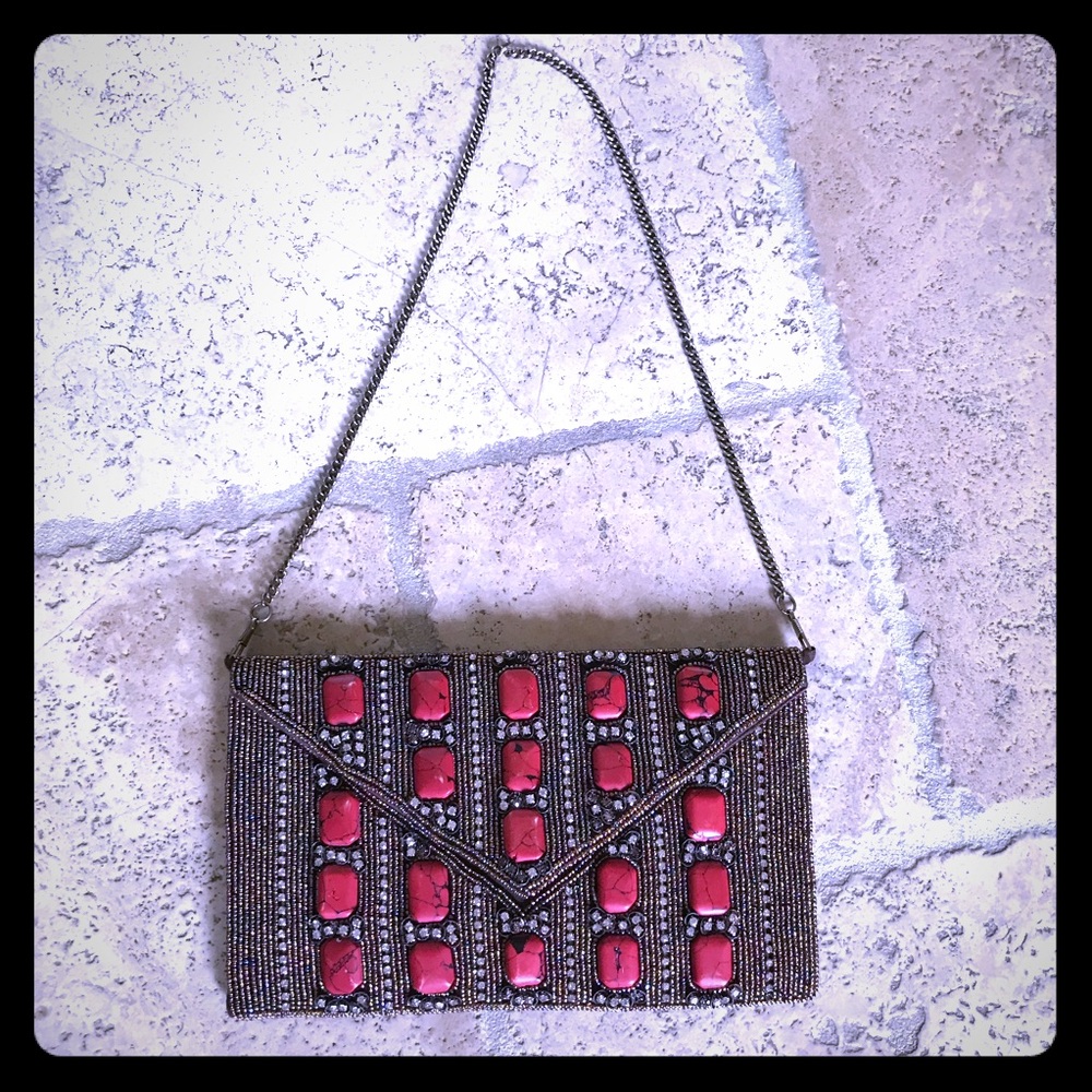Pink Pewter Bead Stone Crystal Clutch